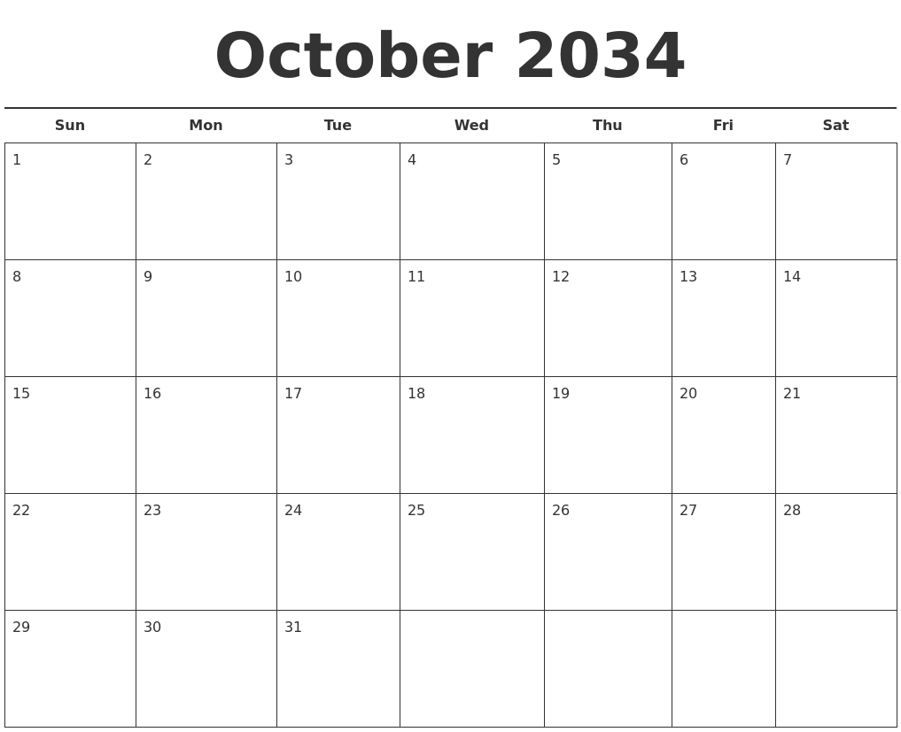 October 2034 Free Calendar Template