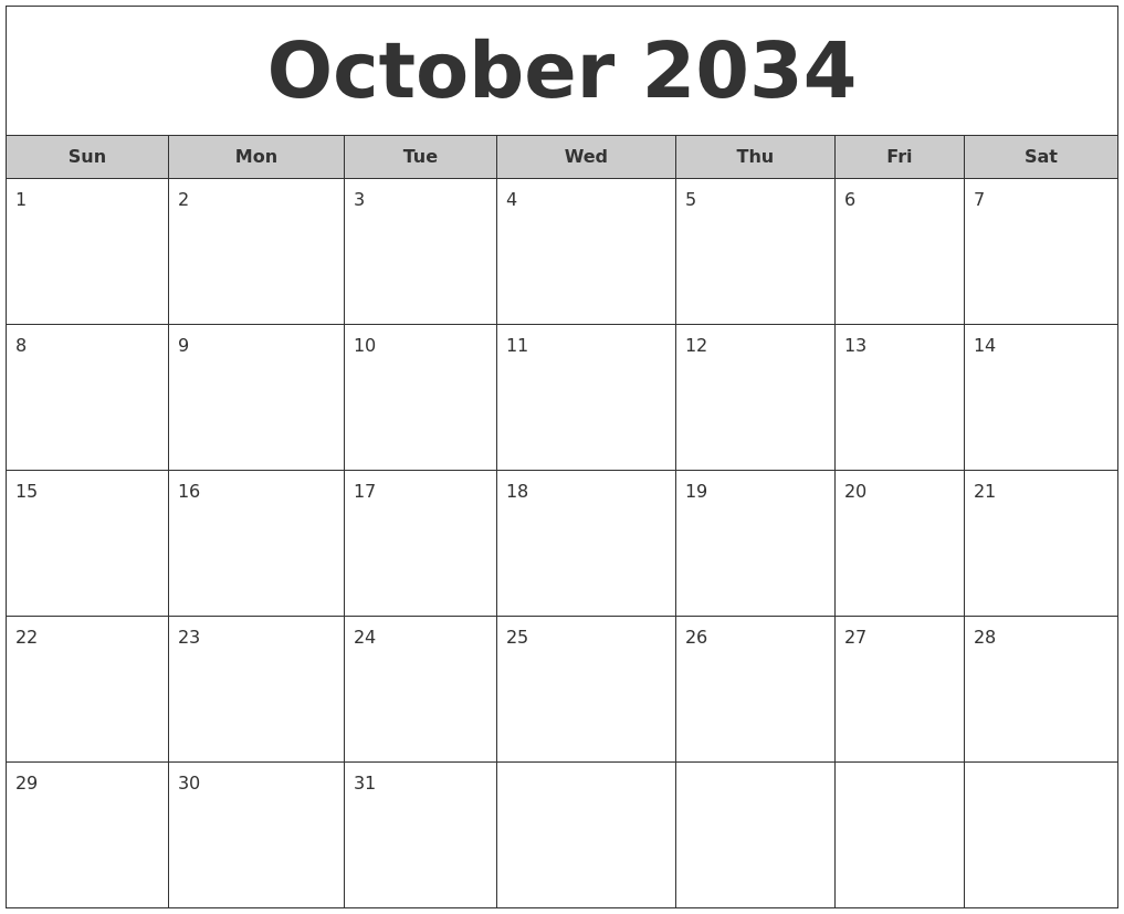 October 2034 Free Monthly Calendar