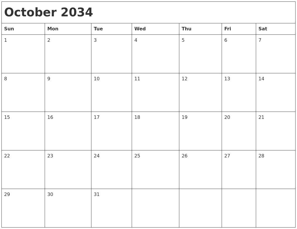 October 2034 Month Calendar