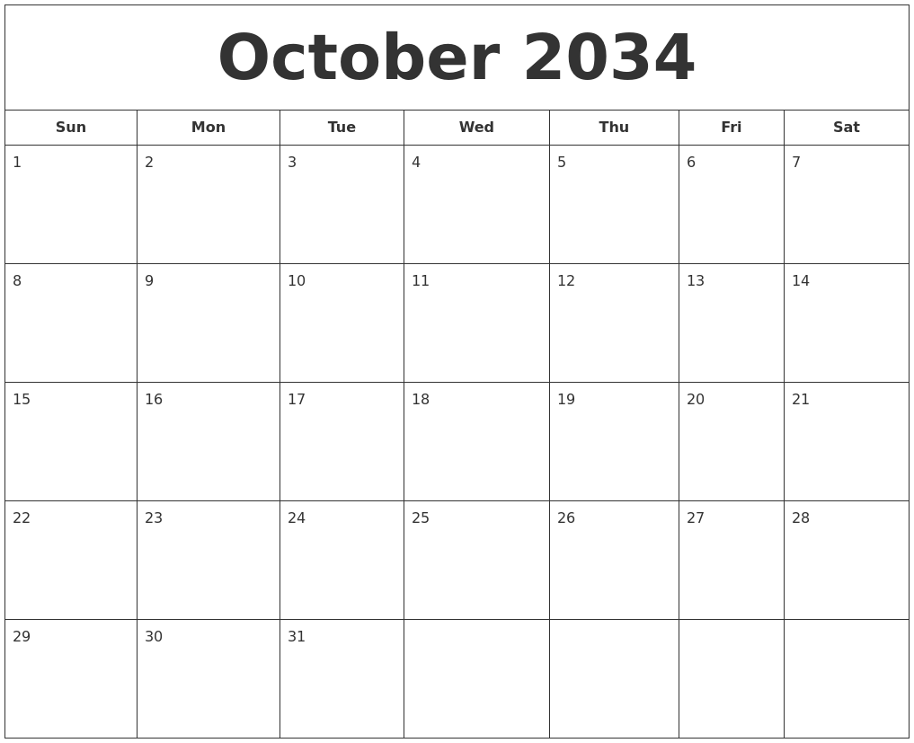 October 2034 Printable Calendar