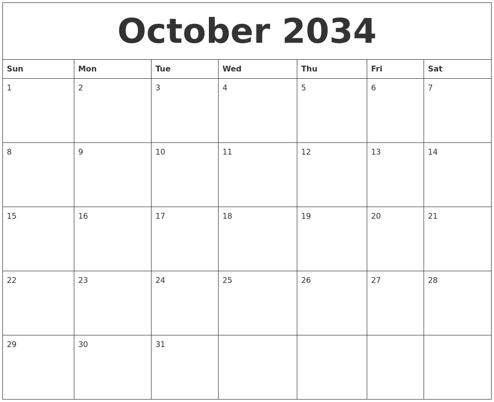 October 2034 Printable Daily Calendar