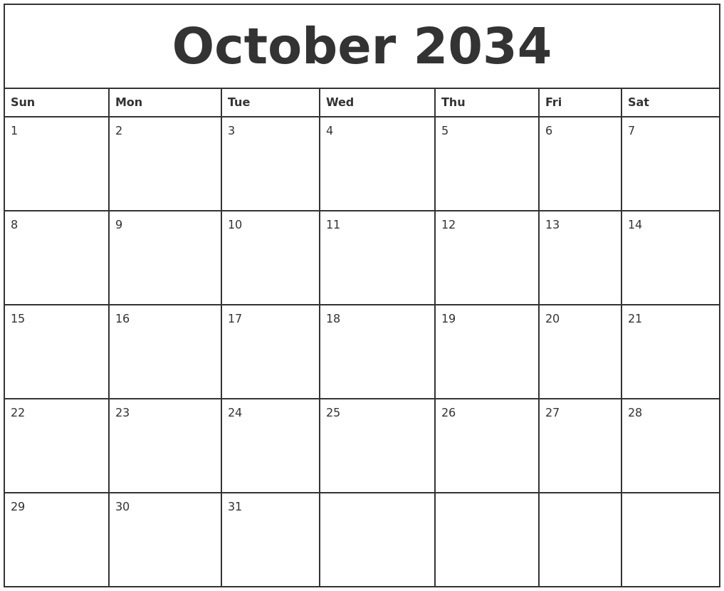 October 2034 Printable Monthly Calendar