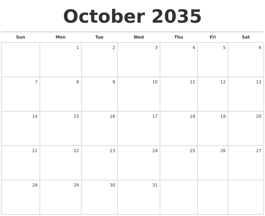 October 2035 Blank Monthly Calendar