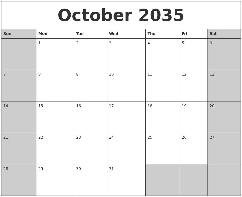 October 2035 Calanders