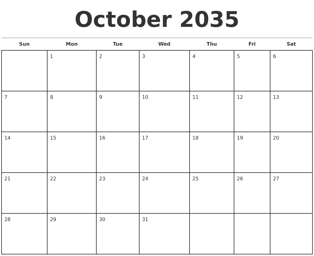 October 2035 Monthly Calendar Template