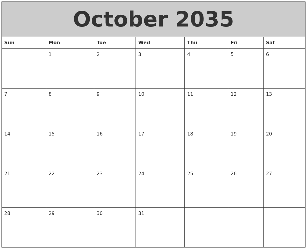 October 2035 My Calendar