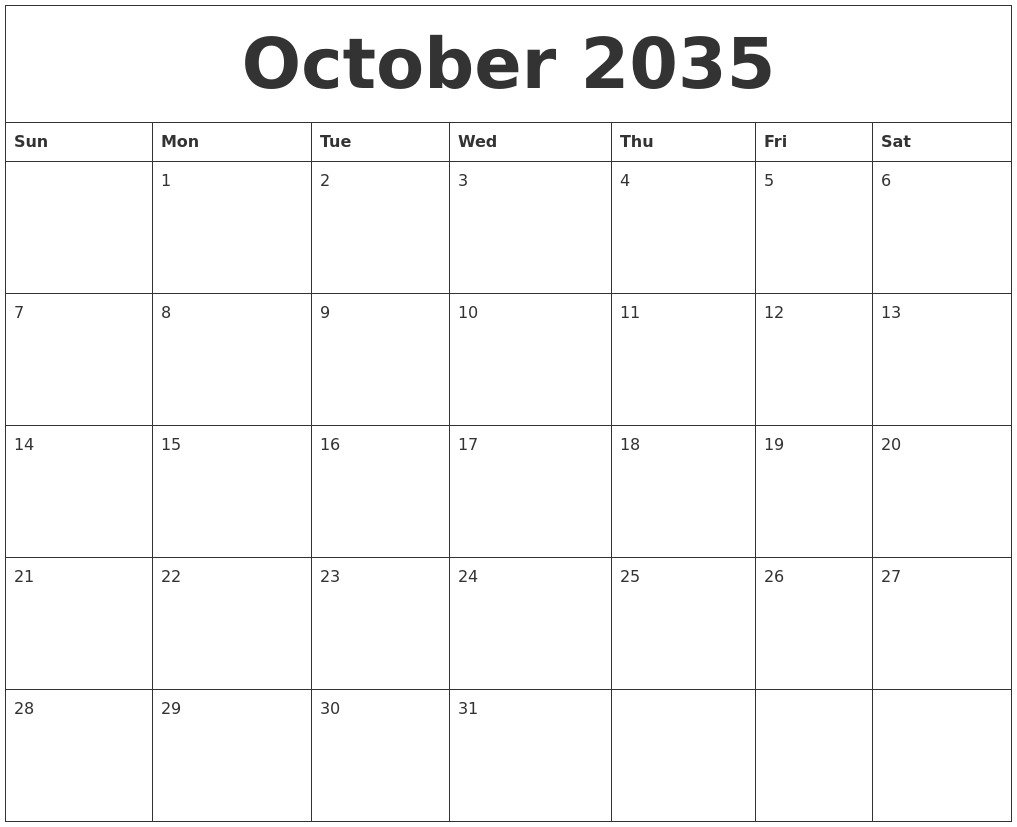 October 2035 Print Online Calendar