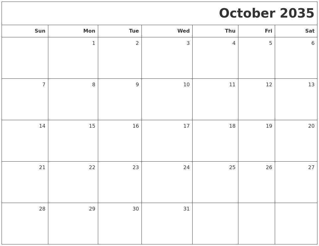 October 2035 Printable Blank Calendar