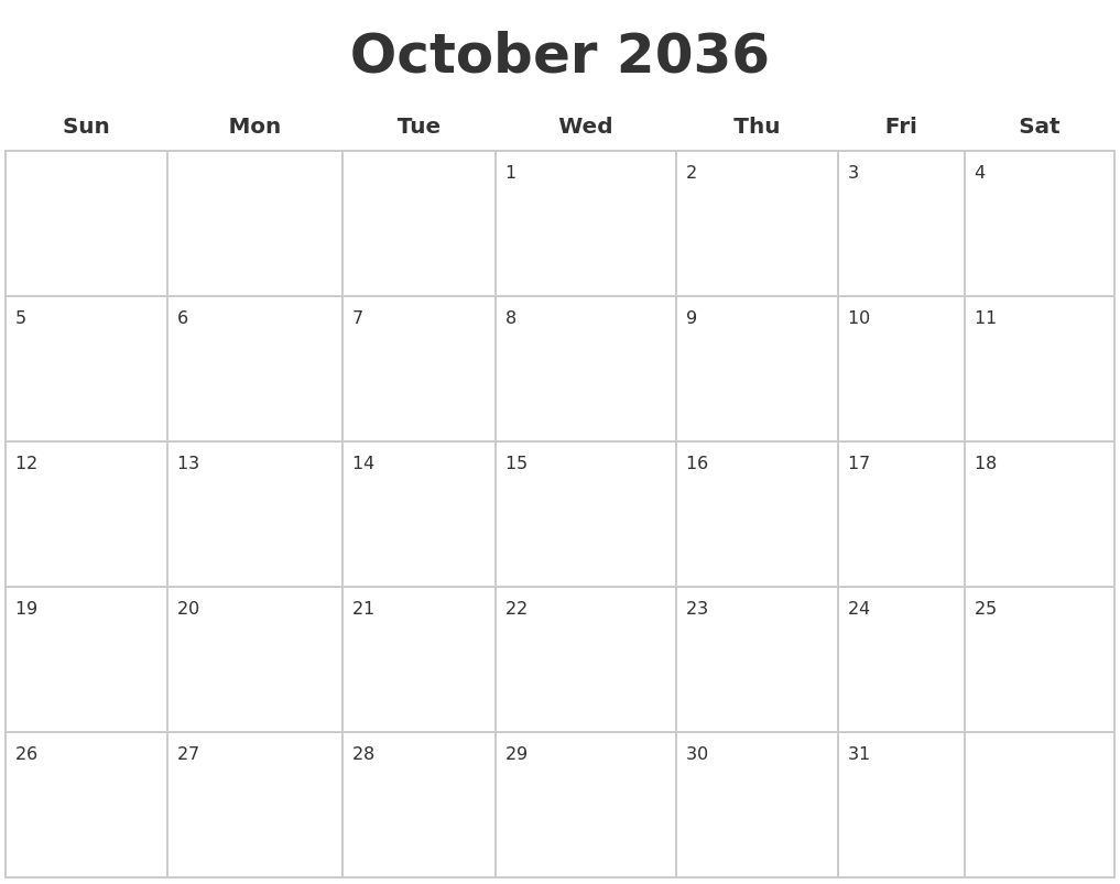 October 2036 Blank Calendar Pages