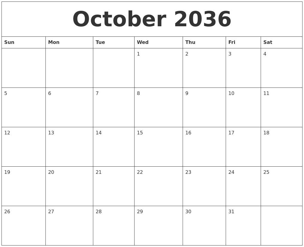 October 2036 Calendar Printable Free