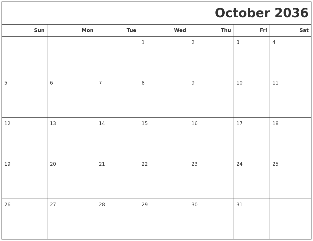 October 2036 Calendars To Print