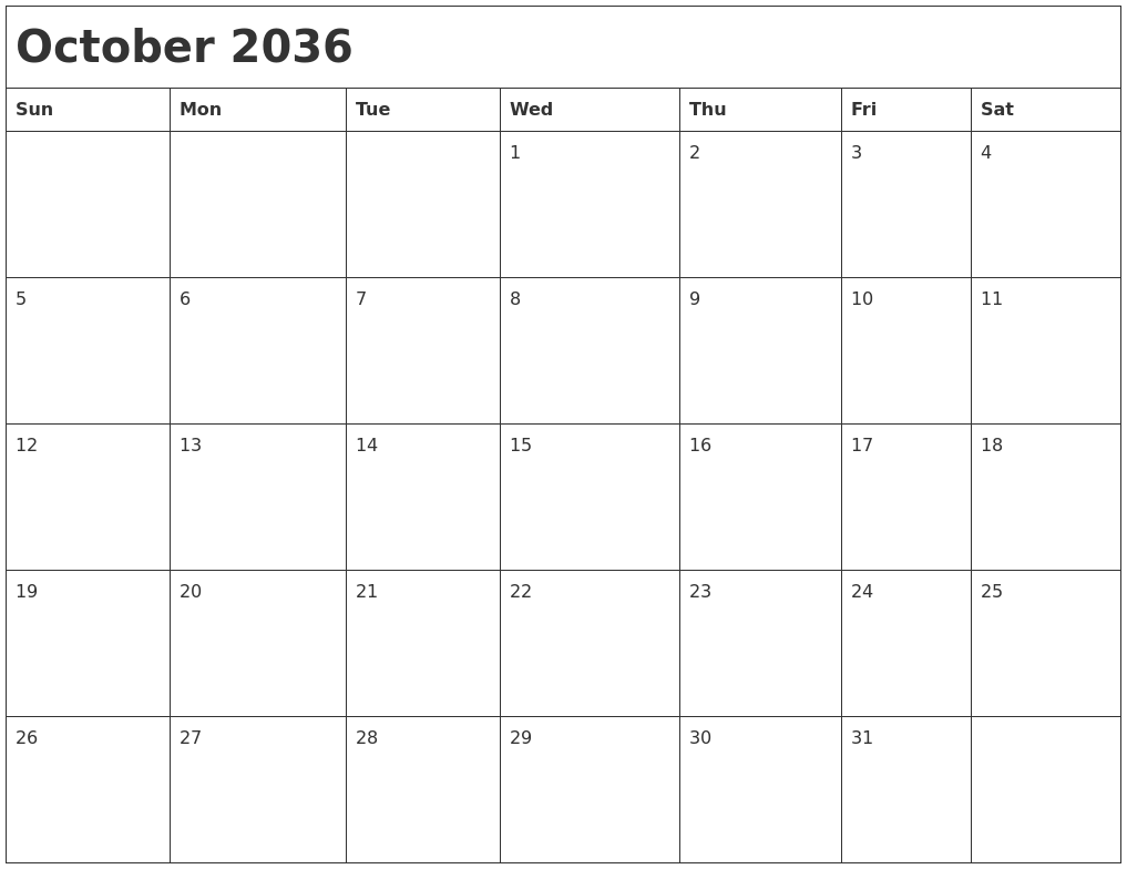 October 2036 Month Calendar