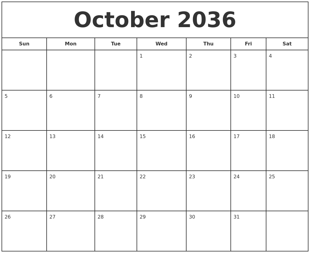 October 2036 Print Free Calendar