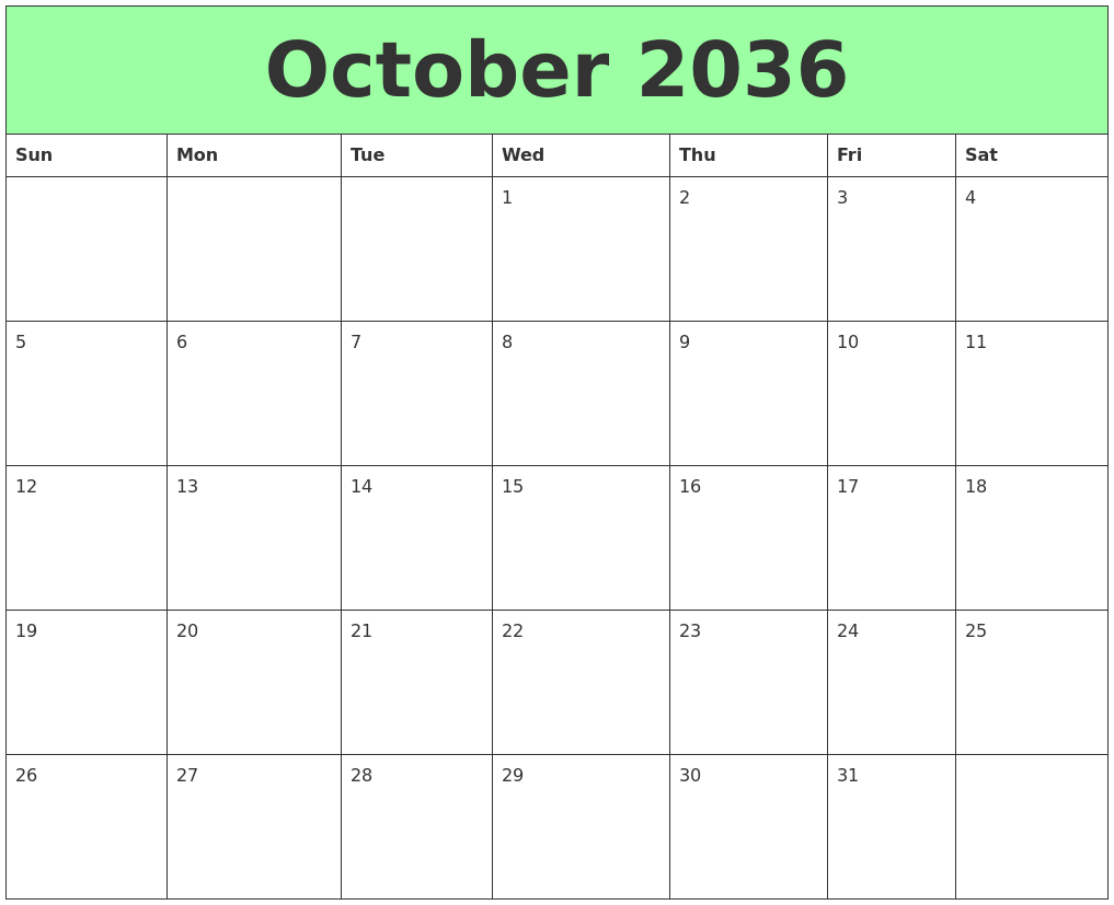October 2036 Printable Calendars