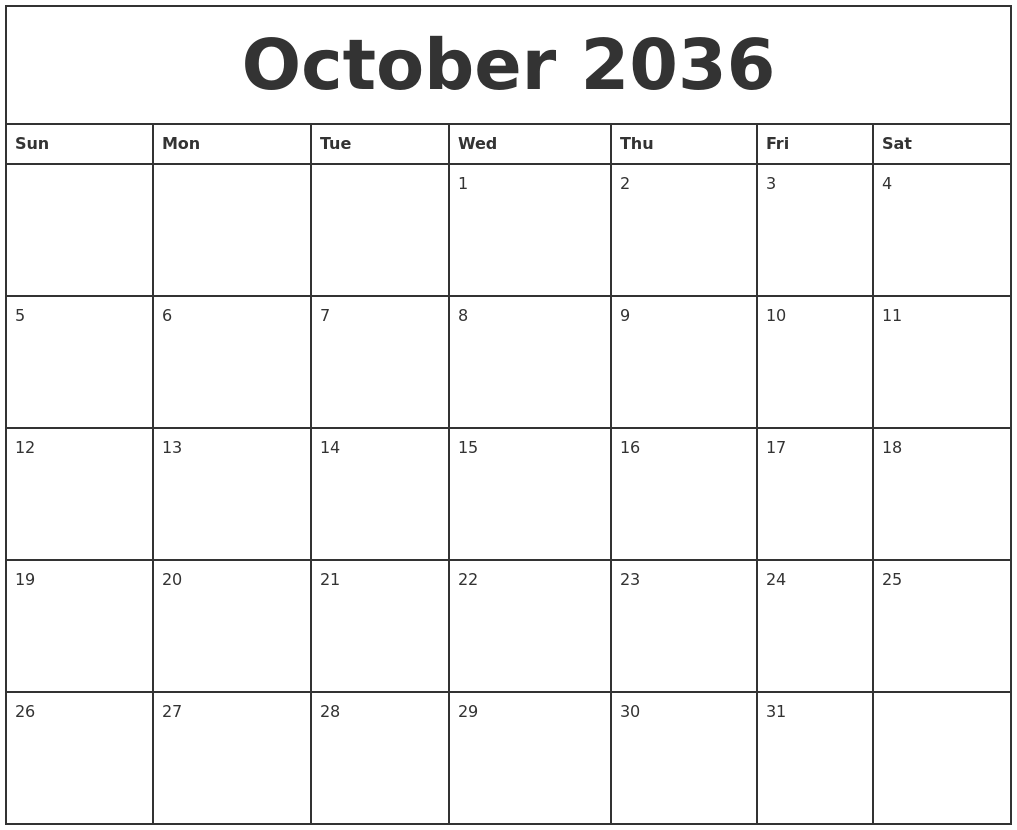 October 2036 Printable Monthly Calendar