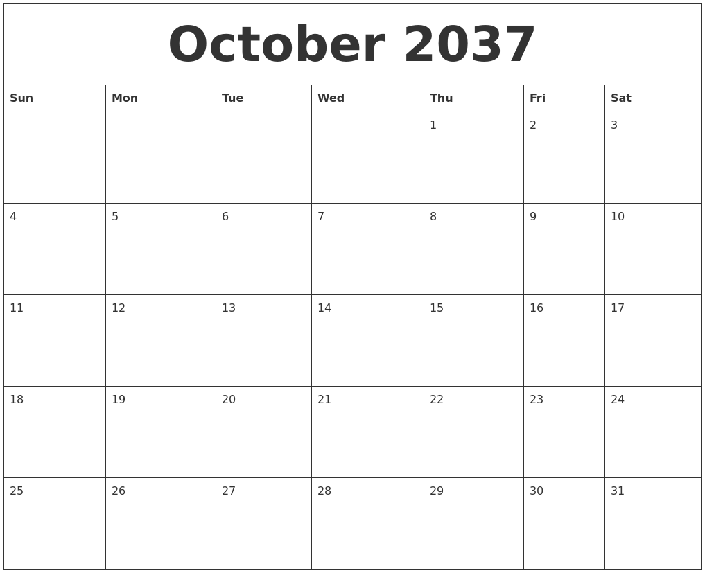 October 2037 Calendar Printable Free