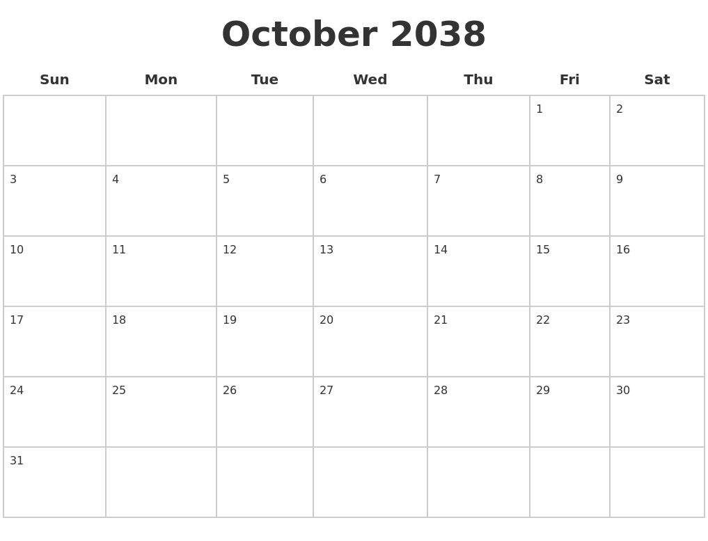 October 2038 Blank Calendar Pages