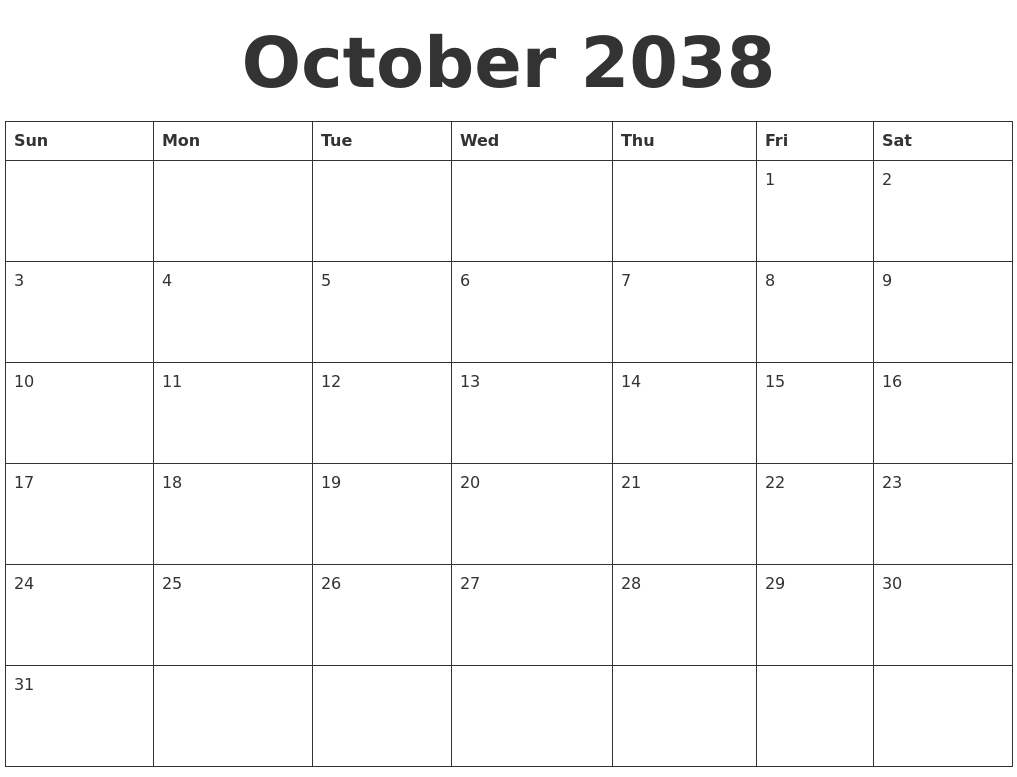 October 2038 Blank Calendar Template