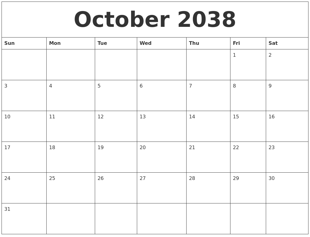 October 2038 Cute Printable Calendar