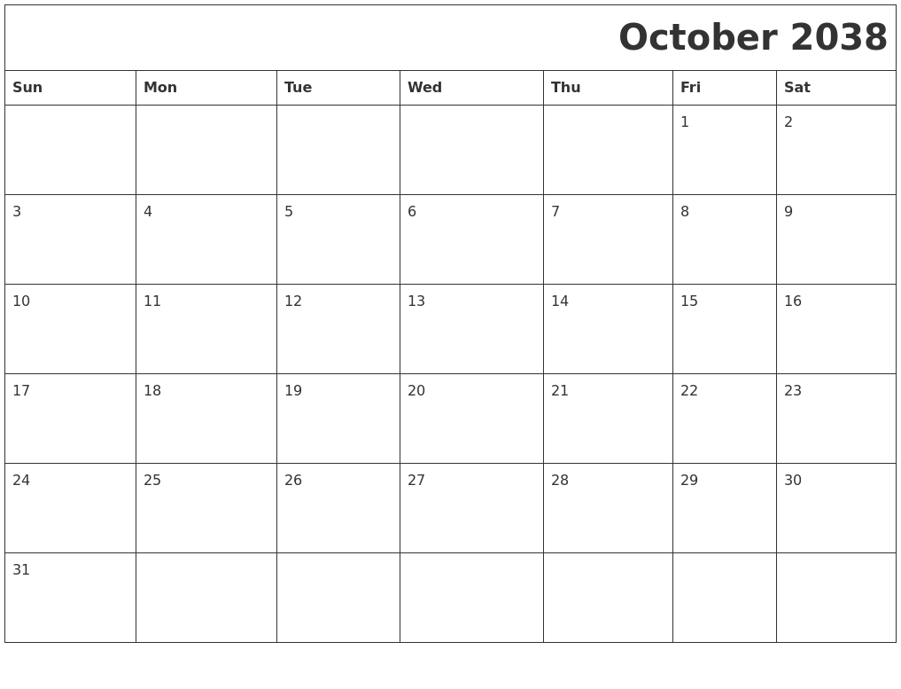 October 2038 Download Calendar