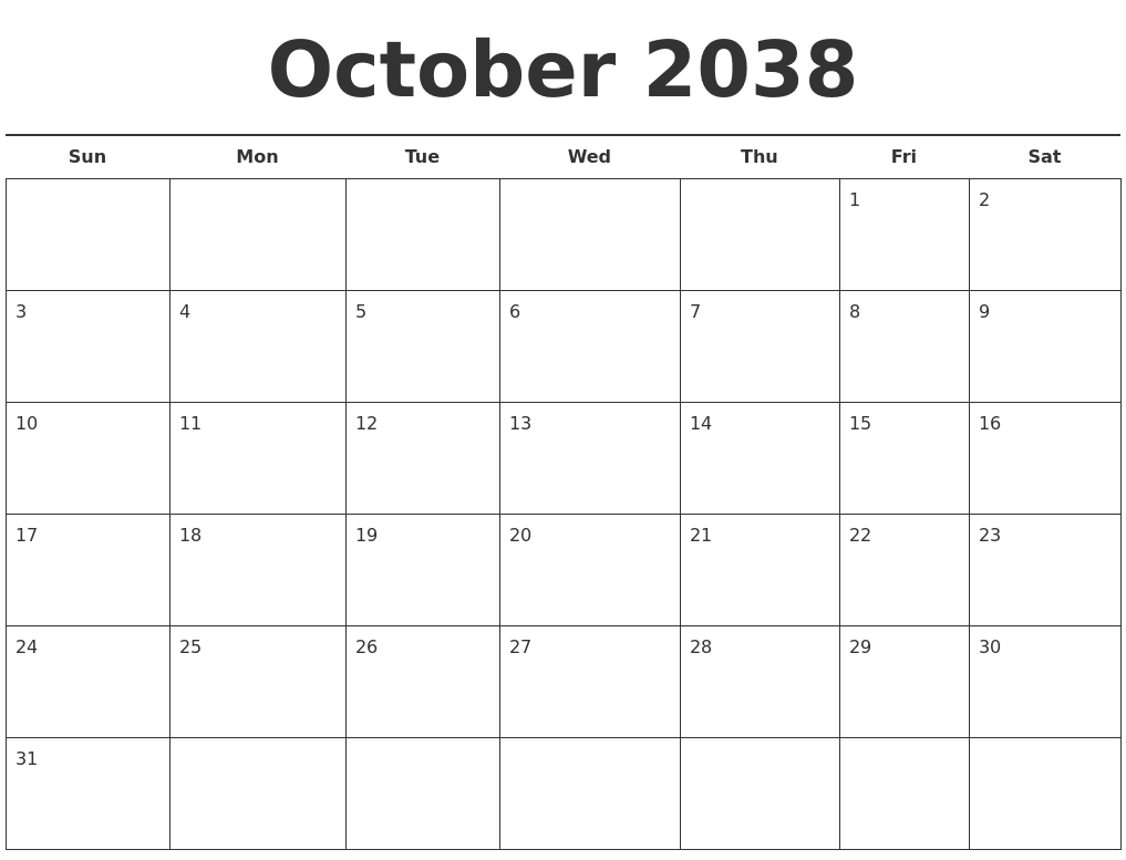 October 2038 Free Calendar Template