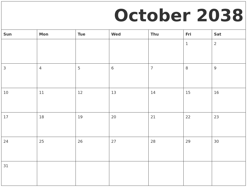 October 2038 Free Printable Calendar