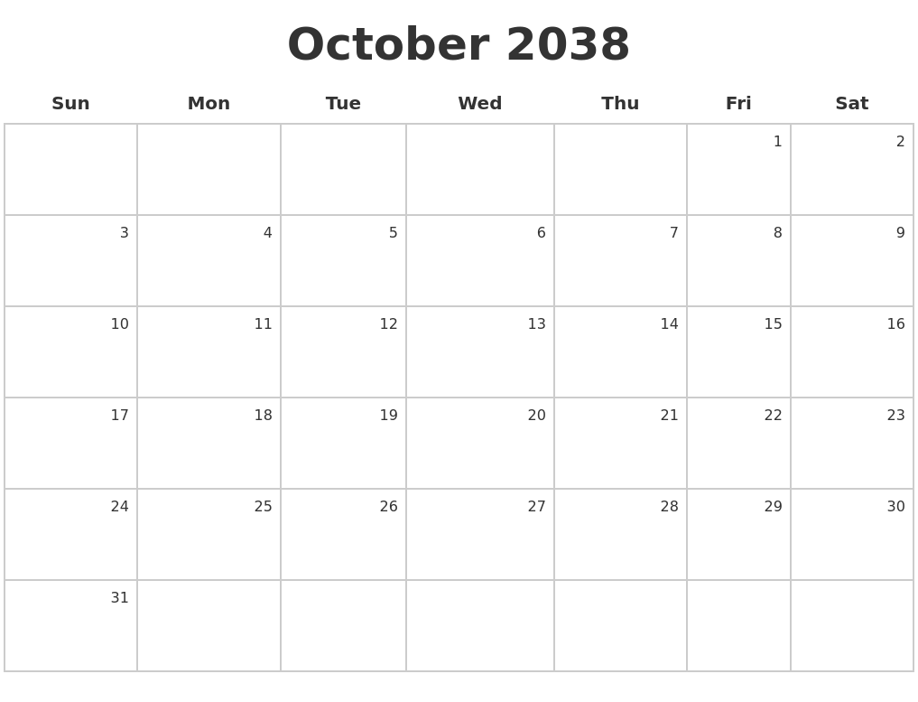 October 2038 Make A Calendar