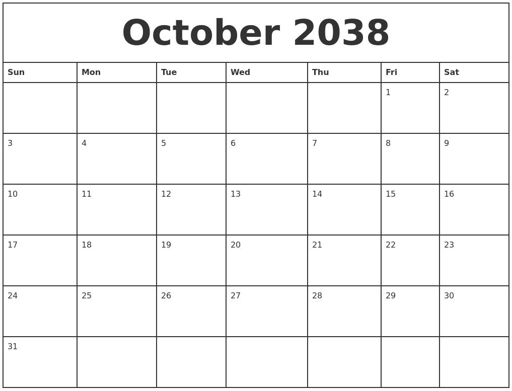 October 2038 Printable Monthly Calendar