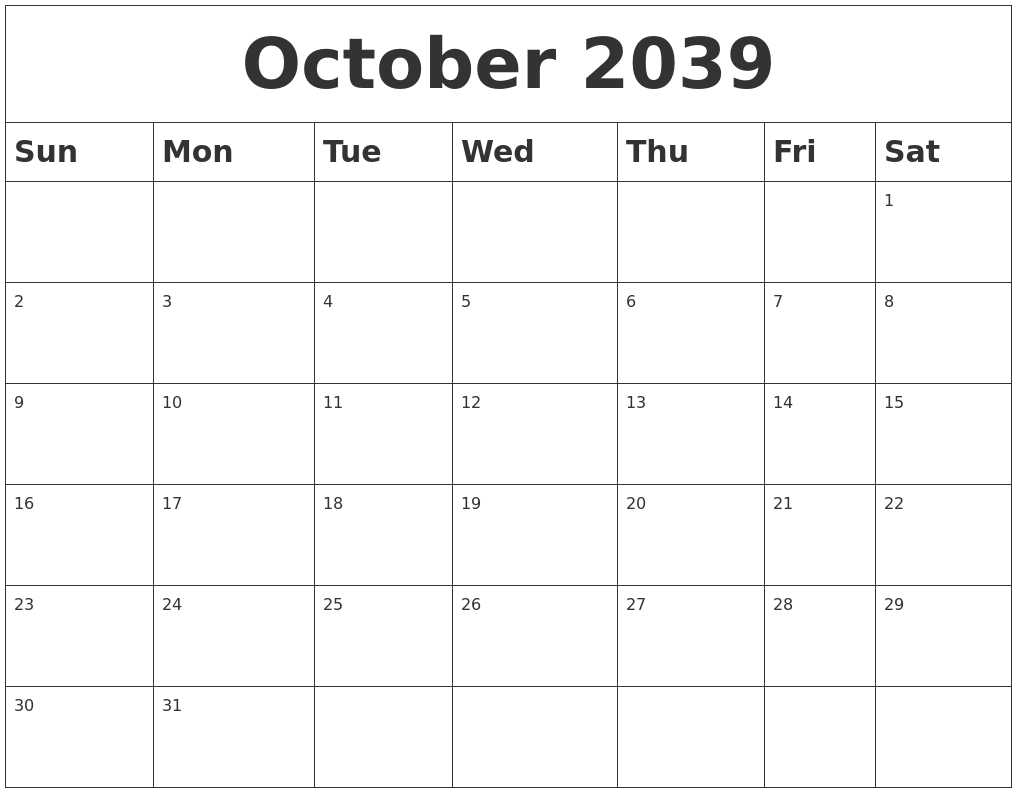 October 2039 Blank Calendar