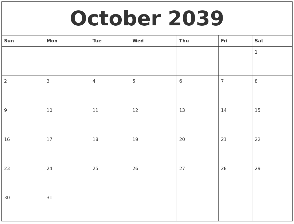 October 2039 Calendar Printable Free