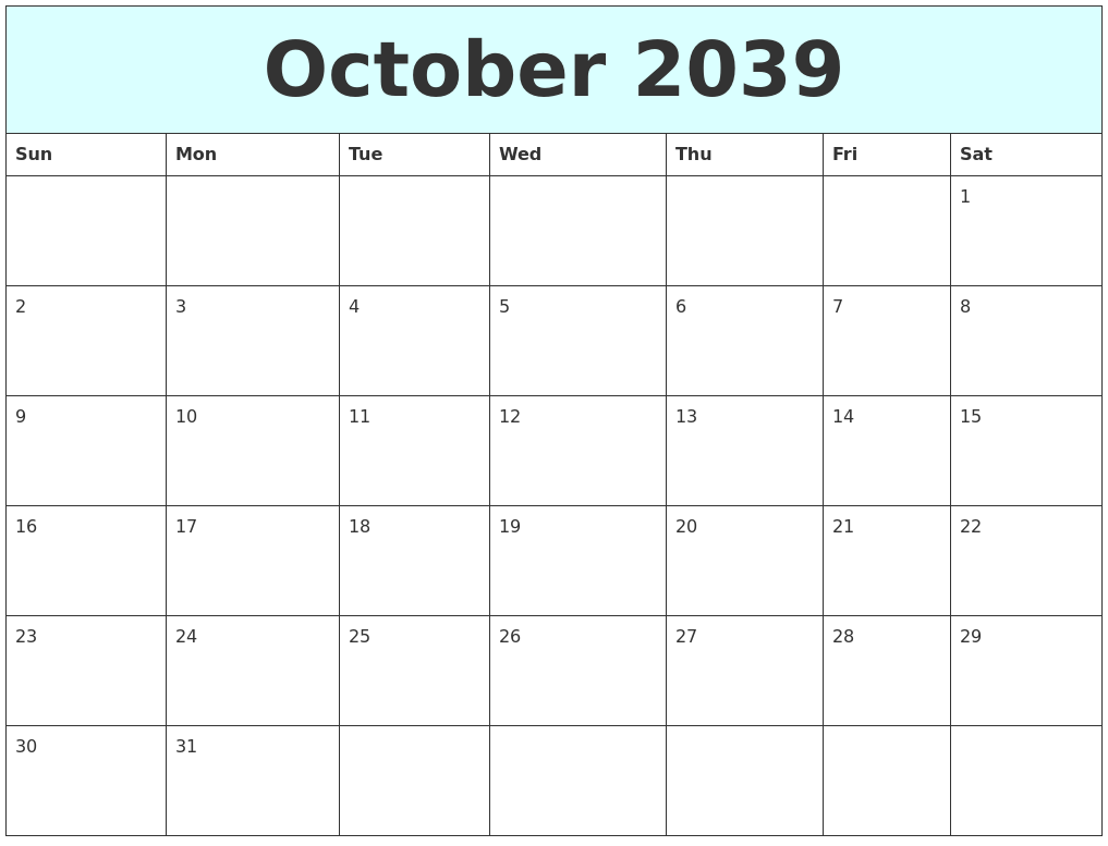 October 2039 Free Calendar