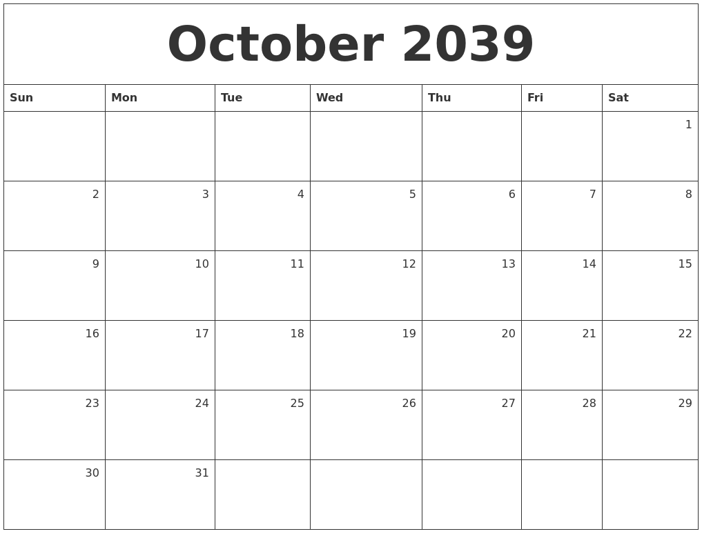October 2039 Monthly Calendar