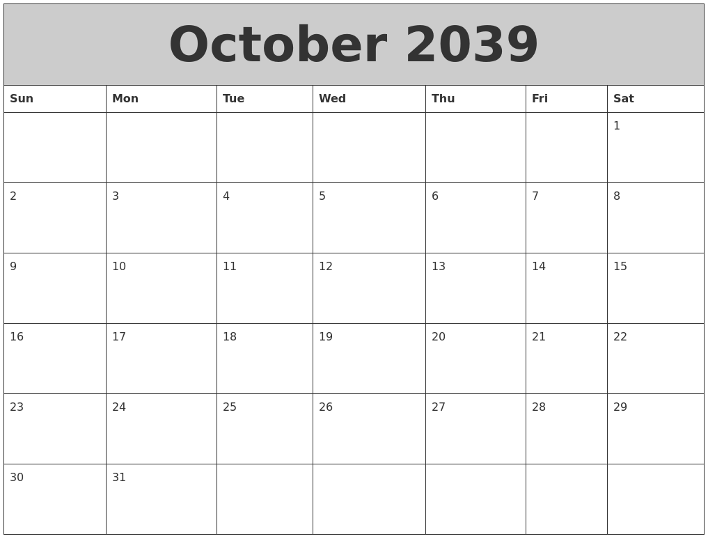 October 2039 My Calendar