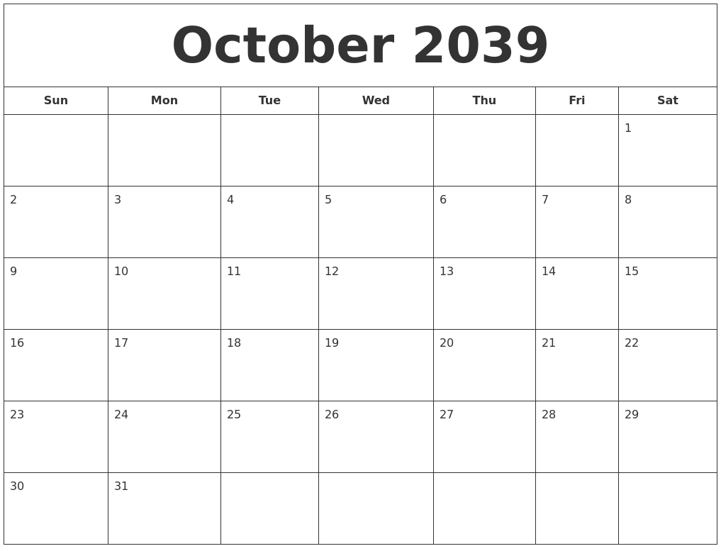 October 2039 Printable Calendar