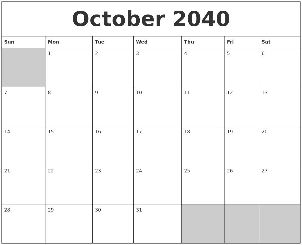 October 2040 Blank Printable Calendar