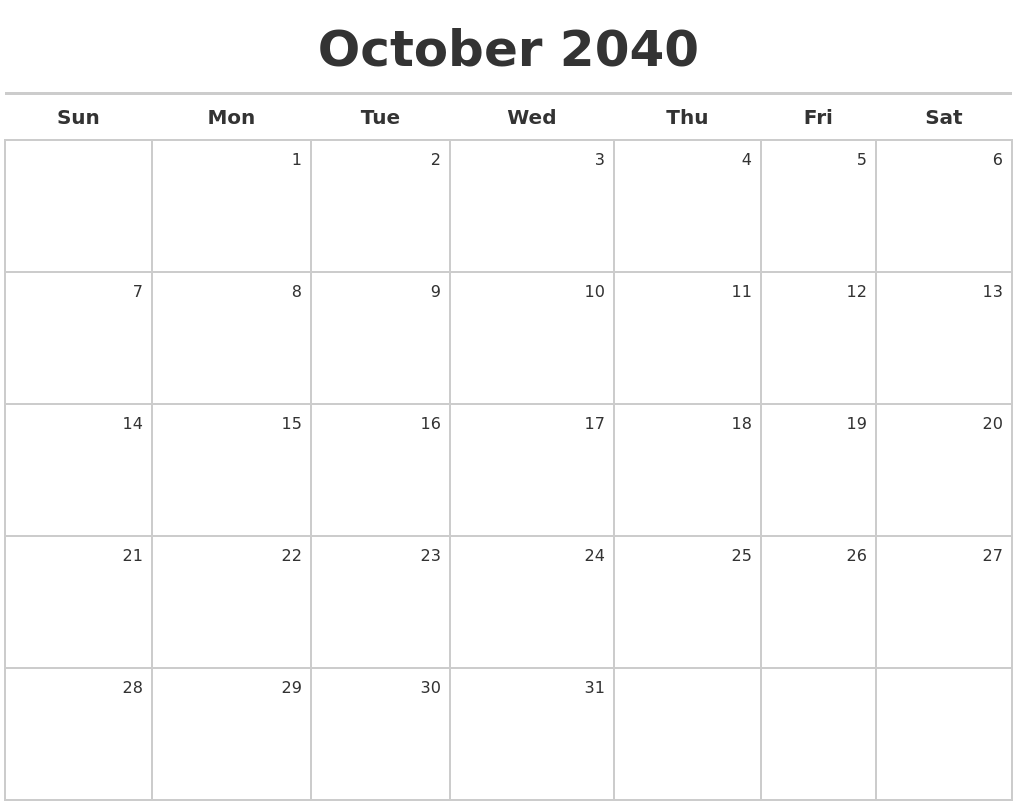 October 2040 Calendar Maker
