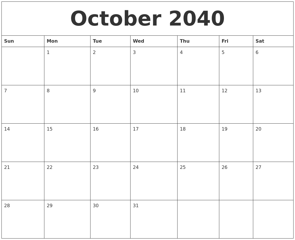 October 2040 Cute Printable Calendar