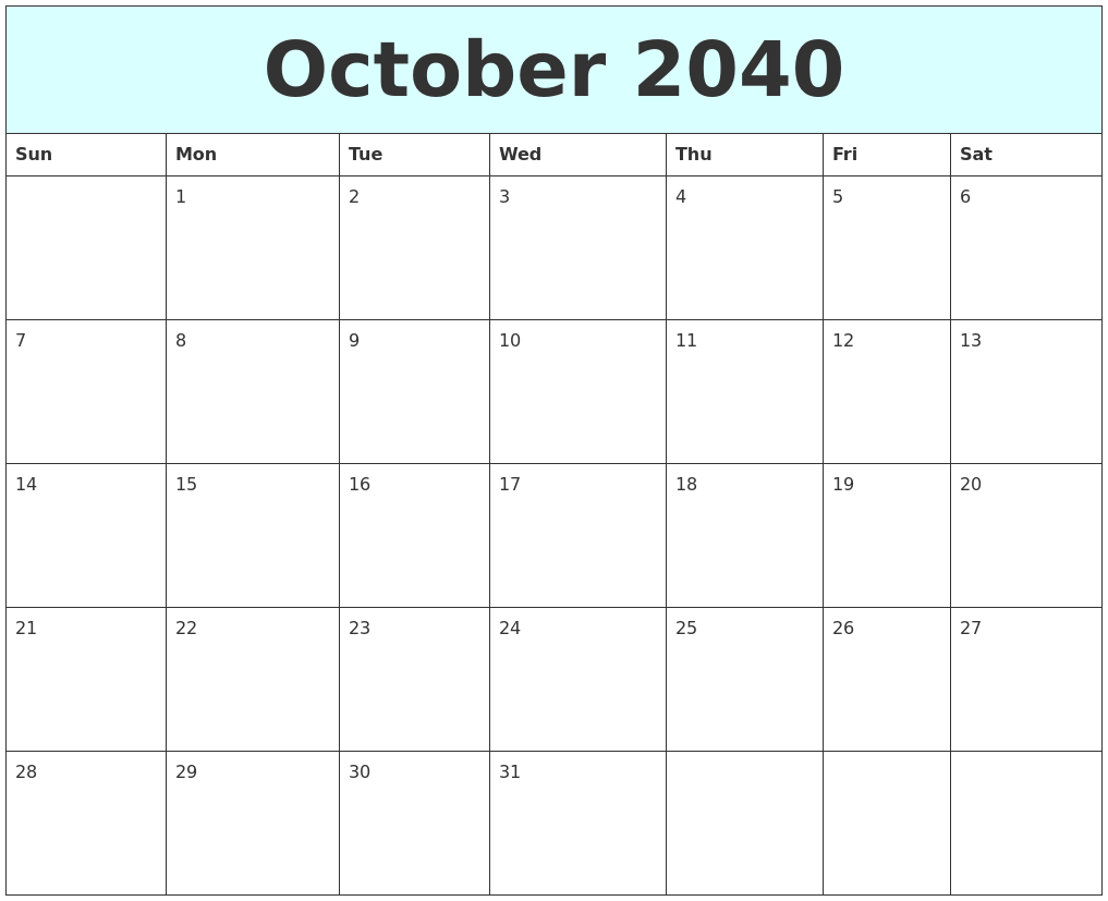 October 2040 Free Calendar