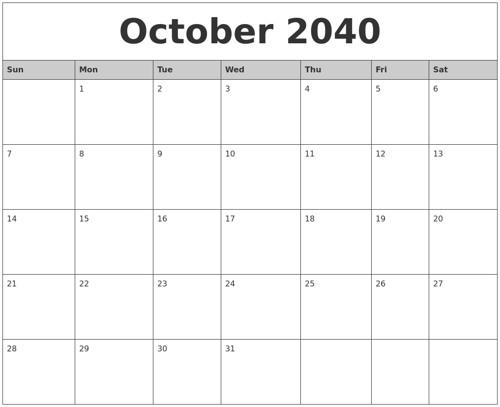 October 2040 Monthly Calendar Printable