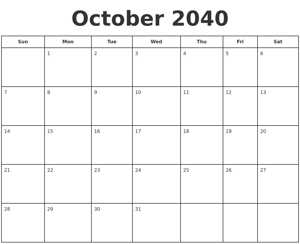 October 2040 Print A Calendar