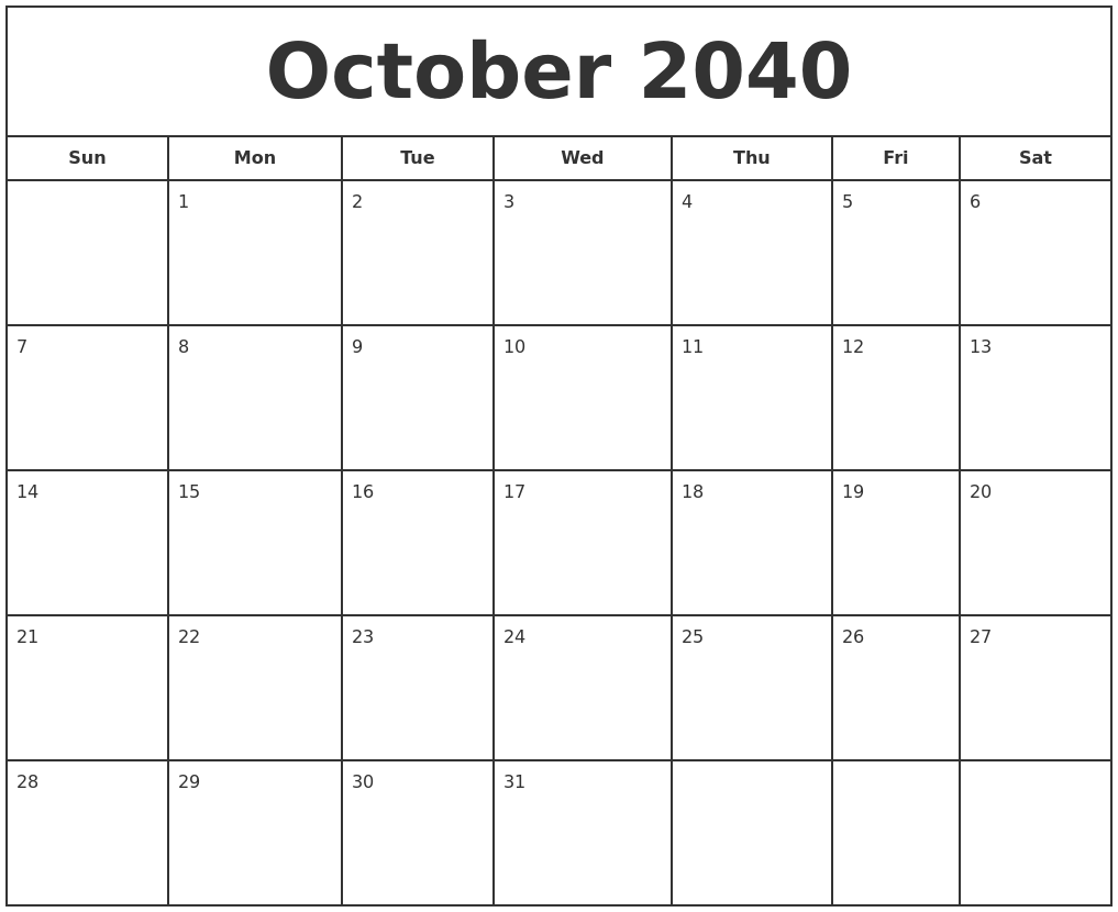 October 2040 Print Free Calendar