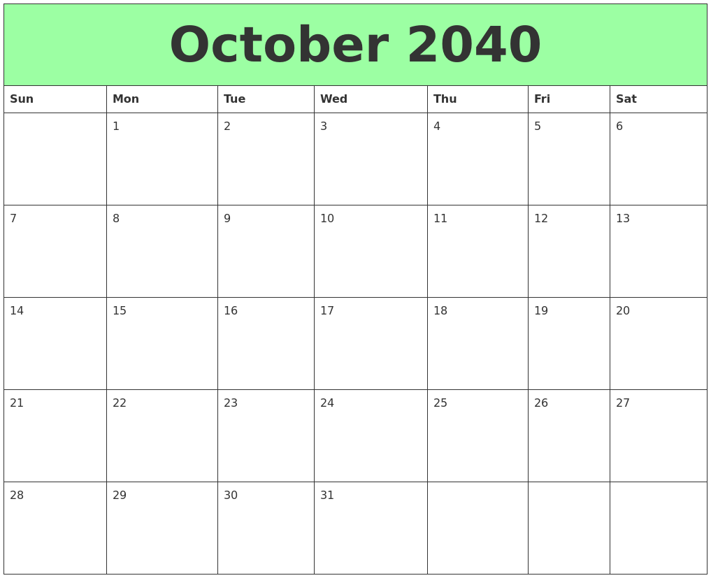October 2040 Printable Calendars