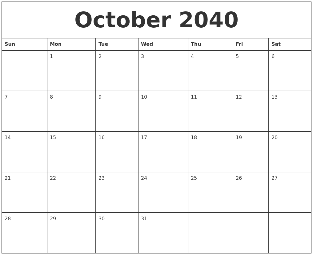 October 2040 Printable Monthly Calendar