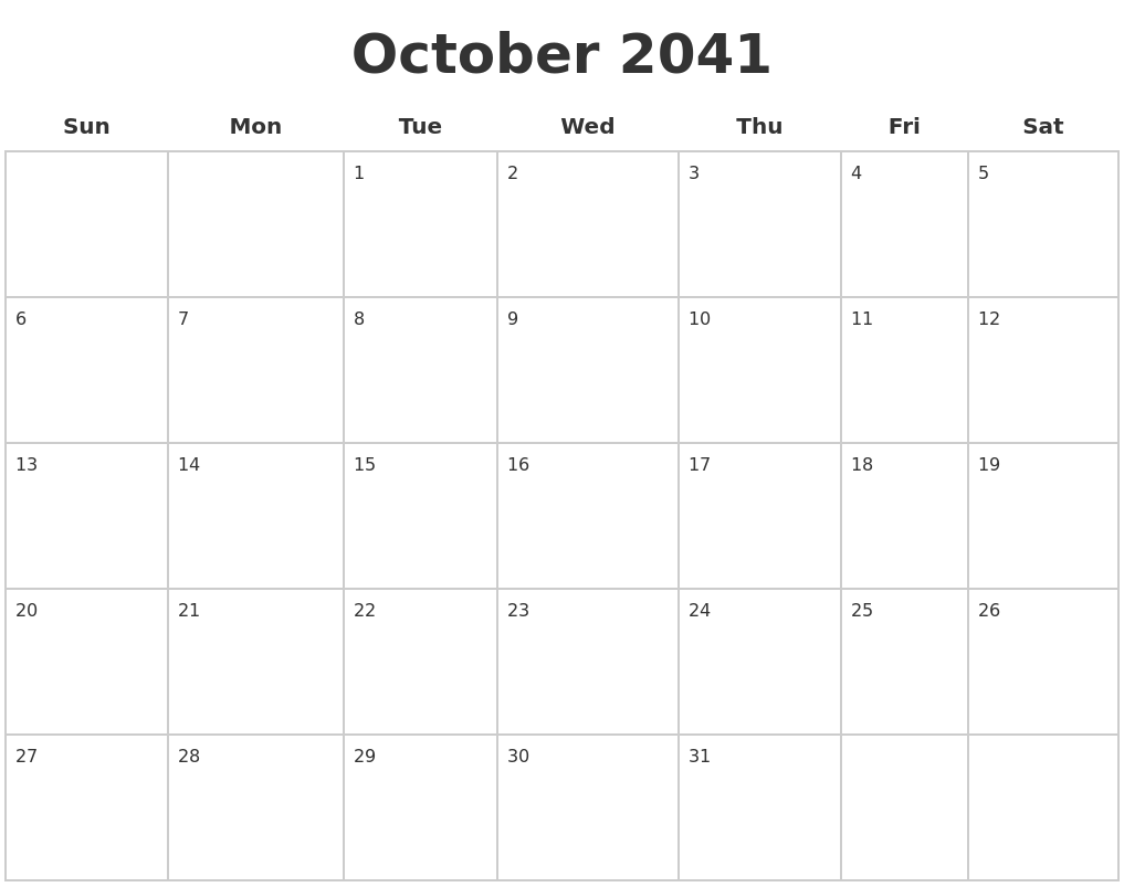 October 2041 Blank Calendar Pages