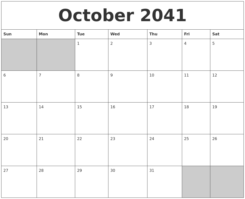 October 2041 Blank Printable Calendar