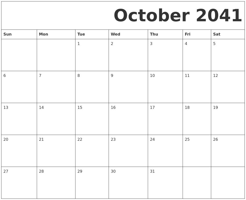 October 2041 Free Printable Calendar