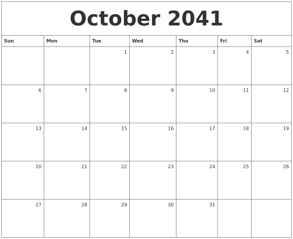 October 2041 Monthly Calendar