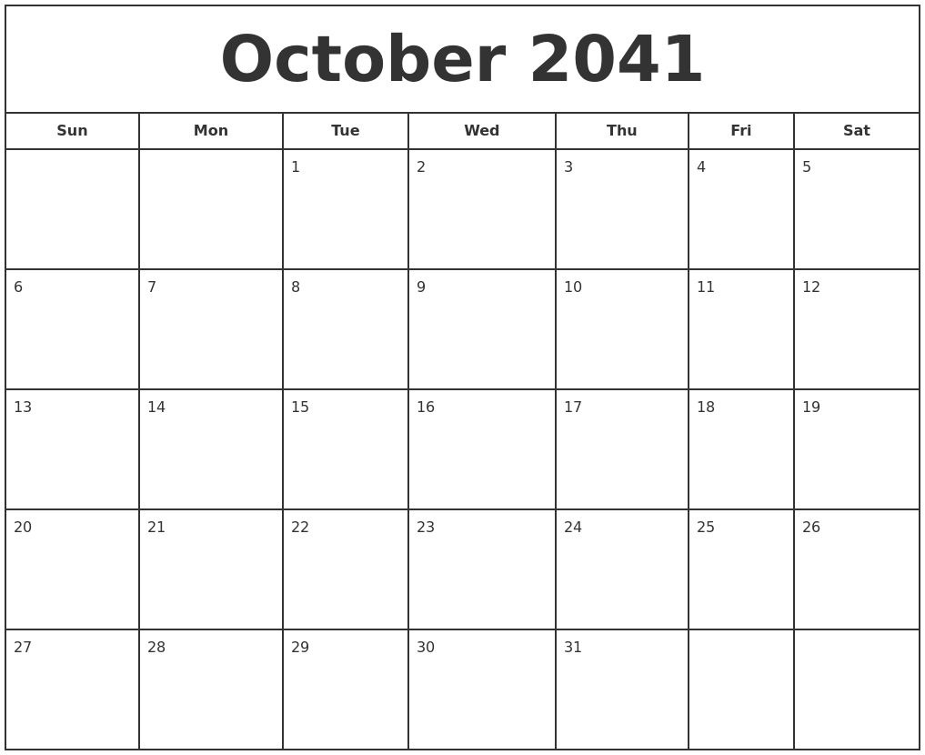 October 2041 Print Free Calendar