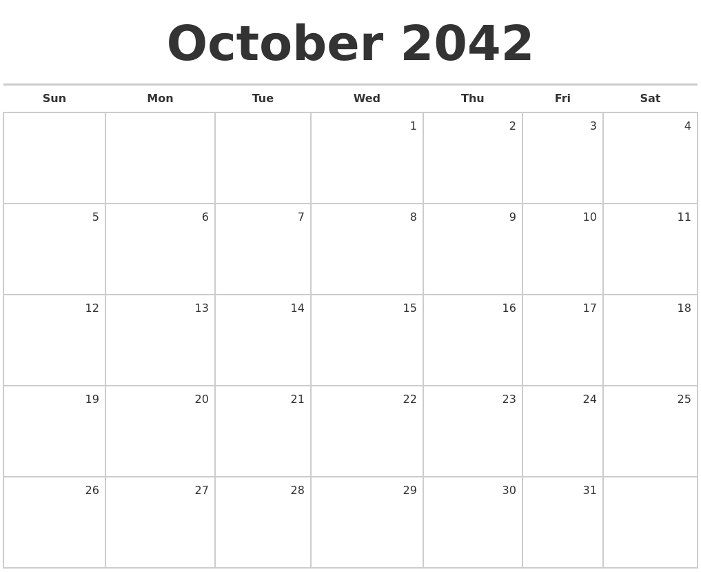 October 2042 Blank Monthly Calendar