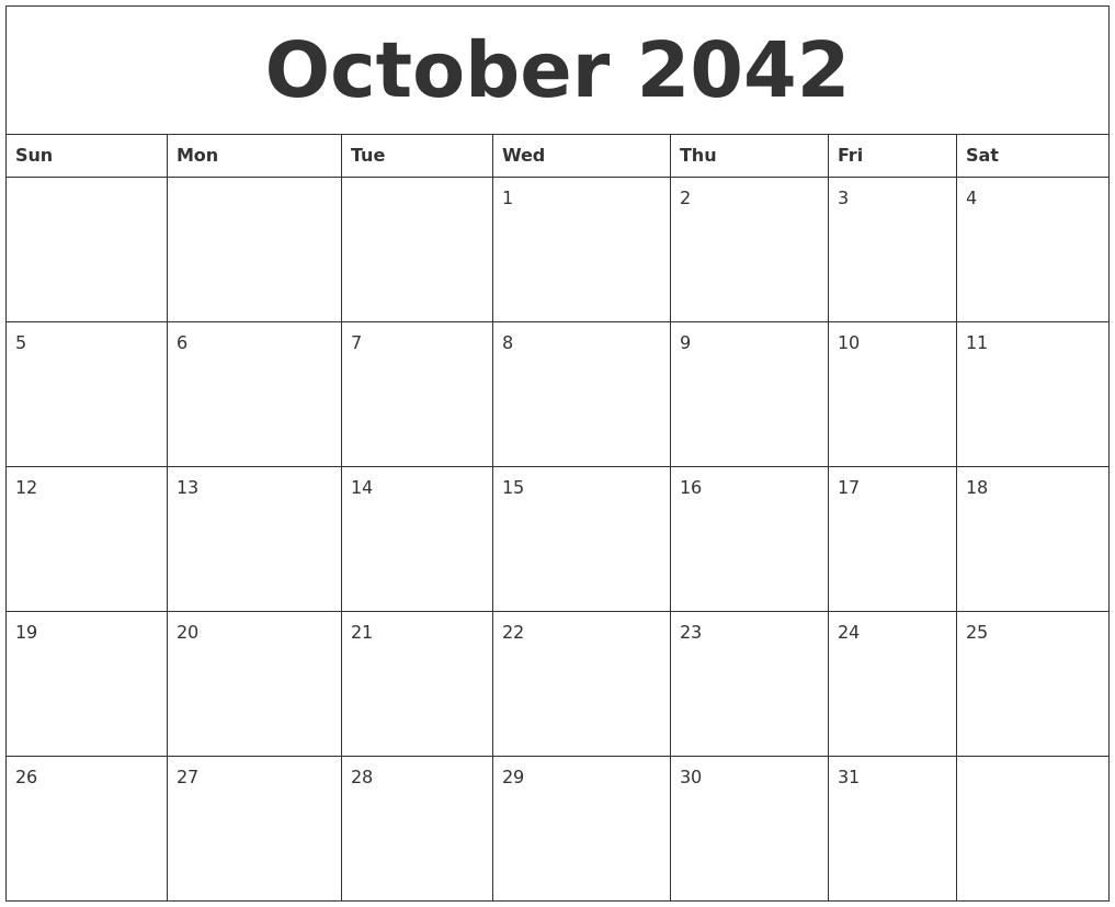 October 2042 Print Blank Calendar